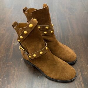 See By Chloe Chestnut Suede Ankle Boots with Brass Accents